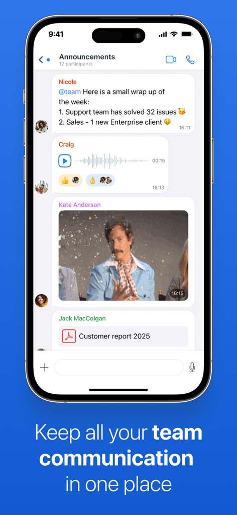 Chanty - Team Collaboration - Chanty mobile app interface showing team announcements with voice messages and files