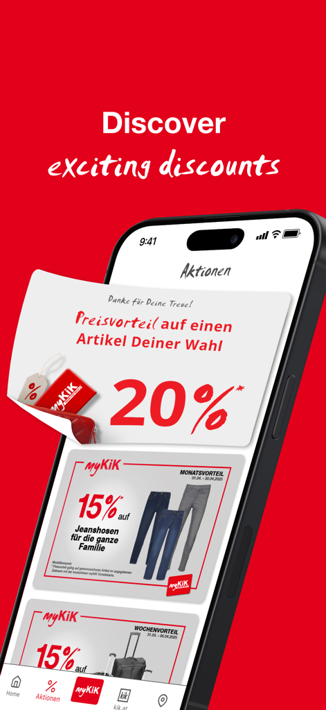 myKiK - Austria - Smartphone screen displaying shopping discounts and promotional offers in the myKiK app