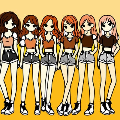 a group of girls wearing crop tops and shorts