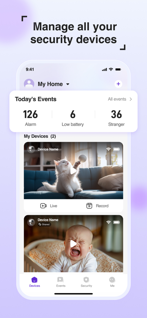 Cinmoore app interface showing home security event statistics and live camera feeds of a pet and a baby