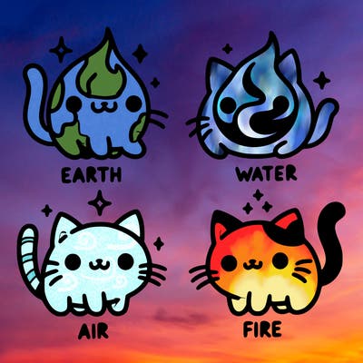 4 cats that represent the different elements, earth, water, air, and fire