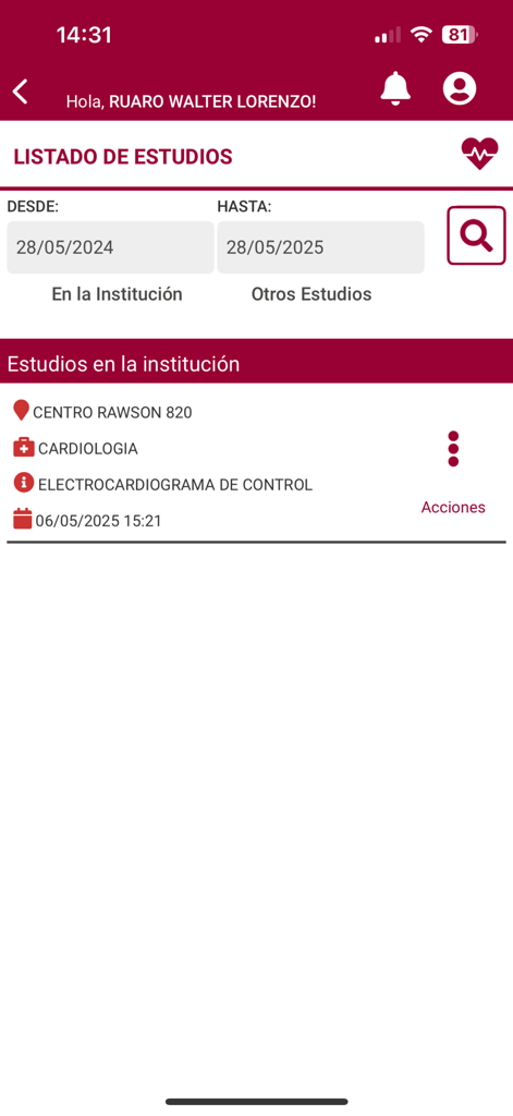 Mi Penta Virtual - Lista de estudios médicos y resultados de pruebas de cardiología en la app de salud Mi Penta Virtual.