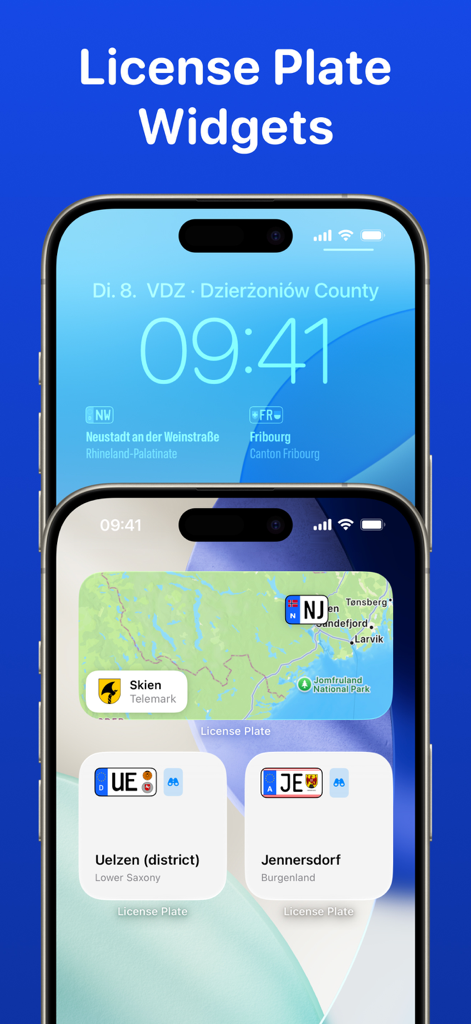 License Plate Wiki & Collect - Écrans d'iPhone affichant des widgets de plaques d'immatriculation européennes pour l'écran de verrouillage et l'écran d'accueil