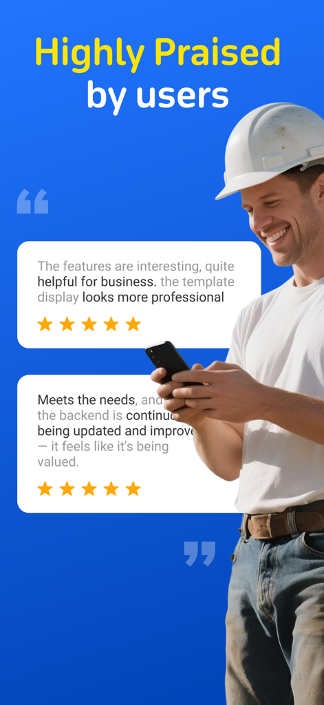 Invoice Maker -Done in Seconds - 5つ星のユーザーレビューの横で請求書作成アプリを使用しているヘルメットをかぶった笑顔の請負業者