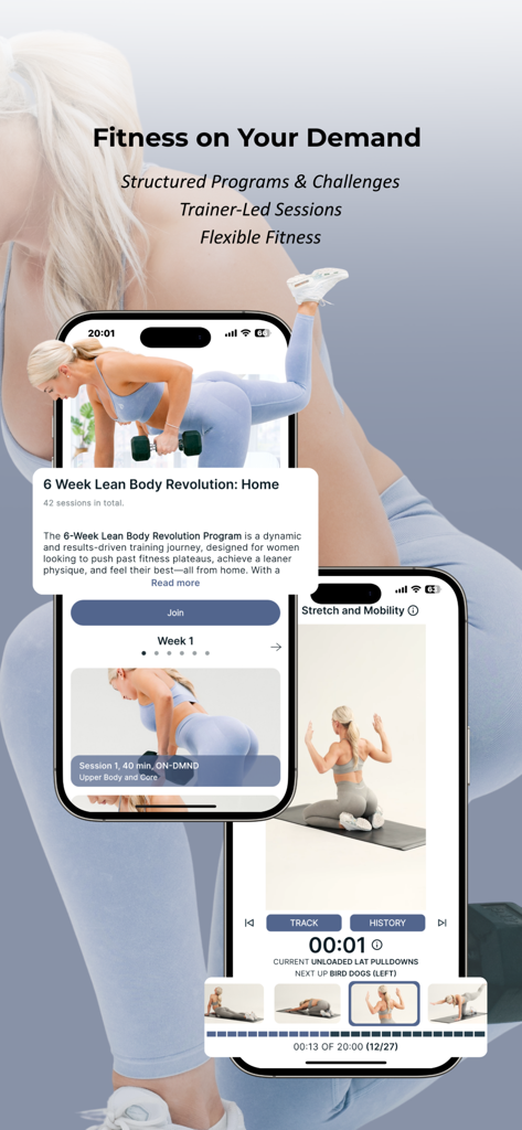 ON-DMND - Écrans mobiles de l'application ON-DMND montrant des programmes de fitness à domicile et des séances d'entraînement dirigées par des entraîneurs