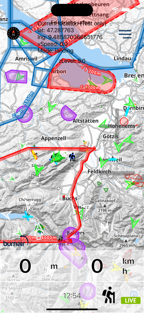 burnair Go - Burnair Go app screenshot showing a live paragliding cockpit view with topographic maps airspaces and pilot tracking