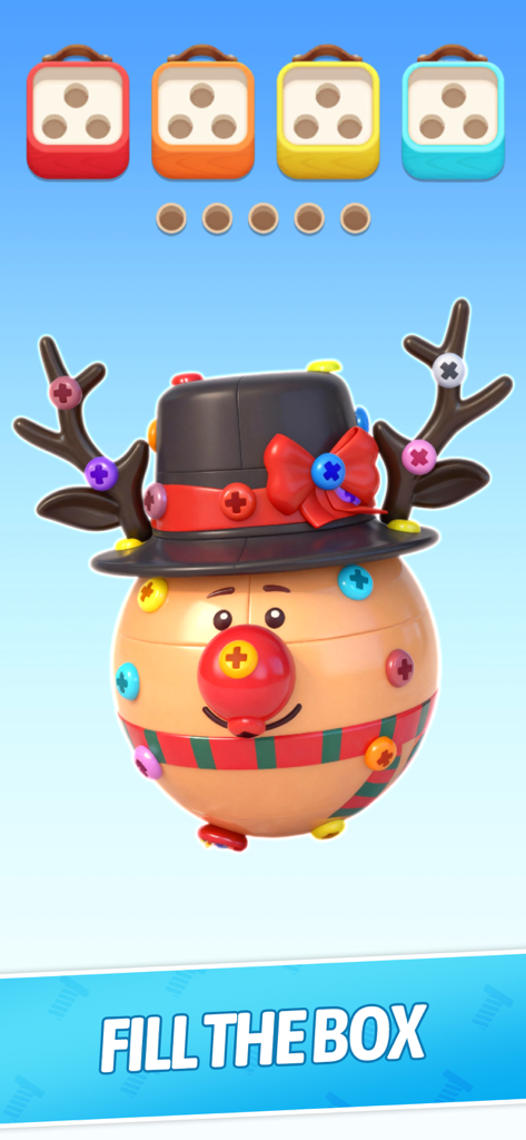 Cube Out 3D :Jam Puzzle - A 3D reindeer character covered in colored screws with matching color boxes for sorting at the top.
