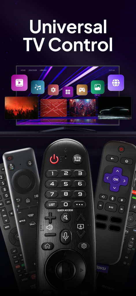 Universal Remote – TV Control - Graphic showing universal TV remote control app interface with multiple physical remotes and a smart TV screen.