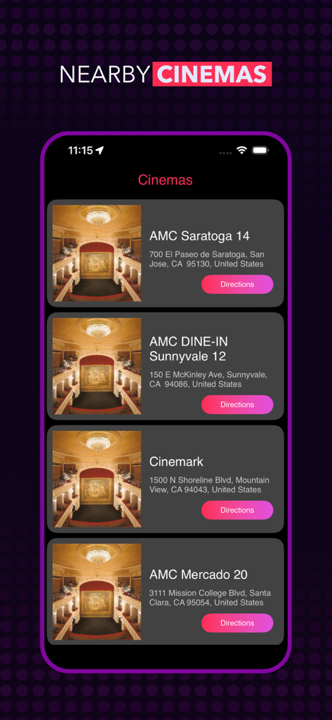 A screen from the Netmirror app showing a list of nearby movie theaters in California with addresses and directions buttons