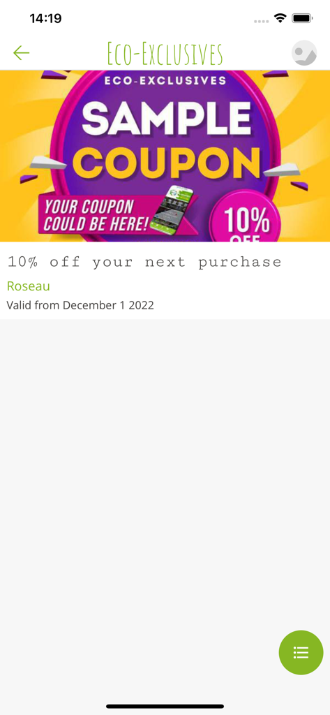 WePlanet - Ein Muster-Rabattgutschein von 10 Prozent, angezeigt im Abschnitt Eco-Exclusives der WePlanet-App.