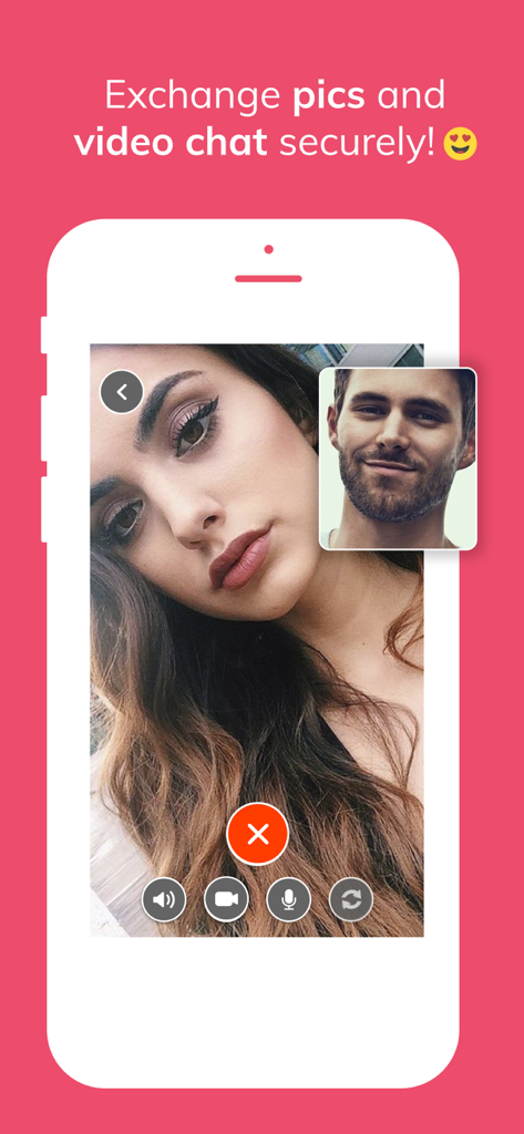 RedHotPie - Dating & Chat App - RedHotPie app screen showing two users in a secure video call