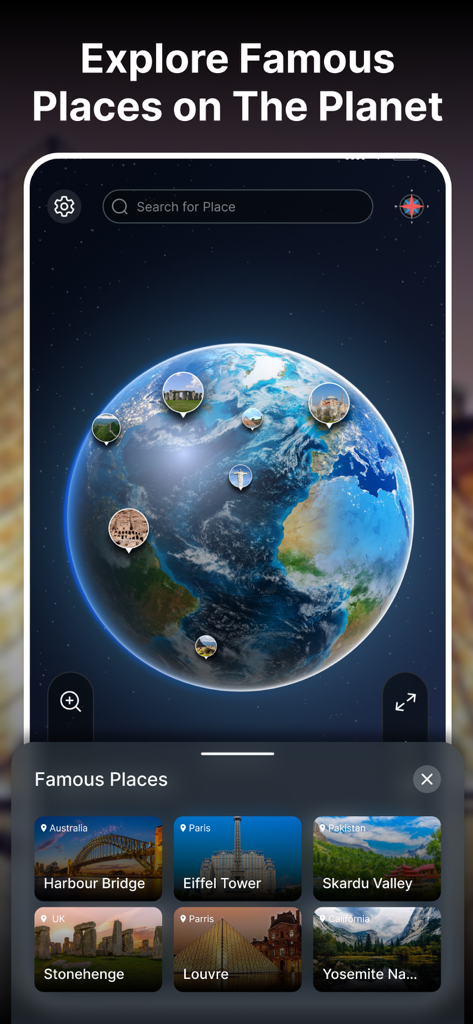 Mobile app interface showing a 3D globe with location markers and a gallery of world landmarks like the Eiffel Tower and Stonehenge.
