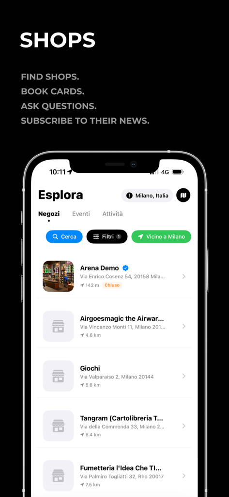 Interface of TCG Arena app showing a list of local trading card stores in Milan