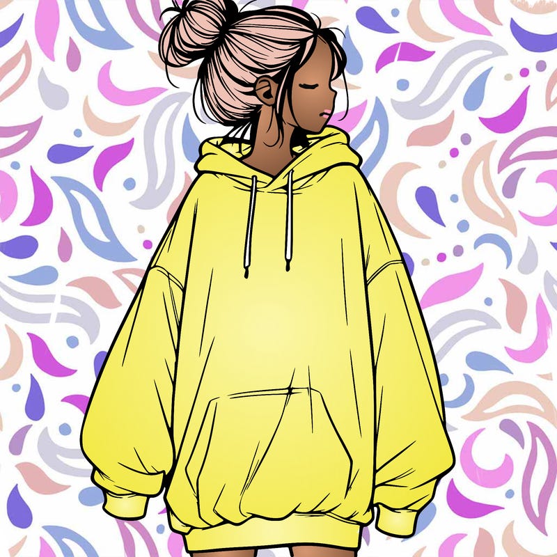 realistic girl with a oversized sweatshirt on and a bun