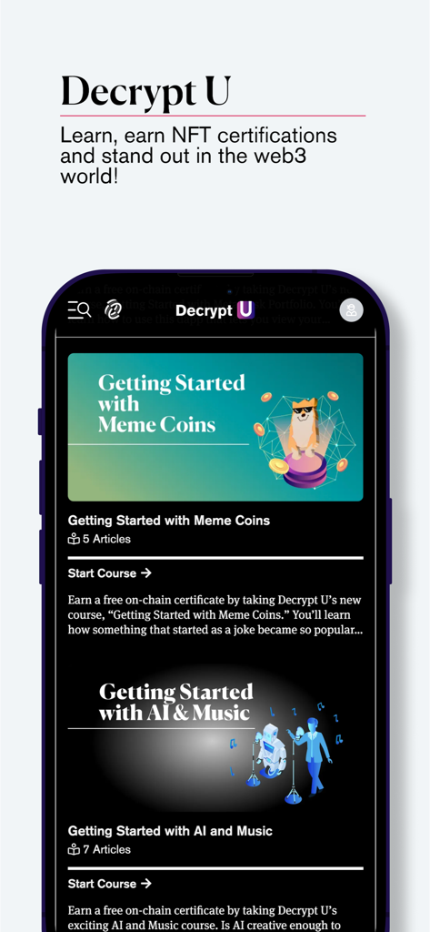 Decrypt: Bitcoin & crypto news - Decrypt U mobile interface showing crypto and AI learning courses with NFT certifications