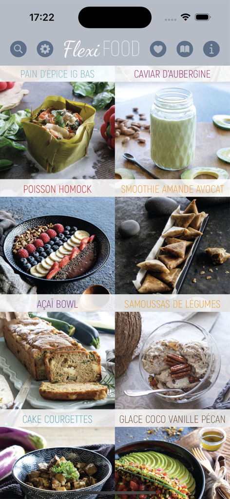 Flexi Food - Una cuadrícula visual de recetas saludables en la aplicación Flexi Food con tazones de açaí y samosas de verduras