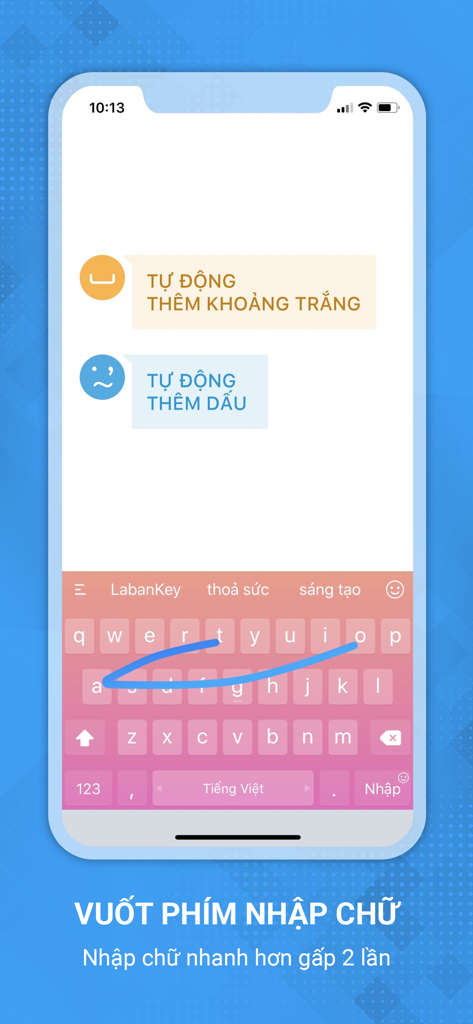 Smartphone screen displaying Laban Key Vietnamese keyboard with swipe to type gesture feature
