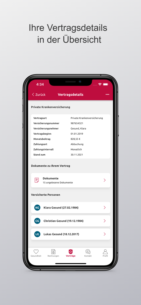 Interface de l'application mobile Hallesche4u montrant les détails du contrat d'assurance maladie privée et une liste des membres de la famille assurés.