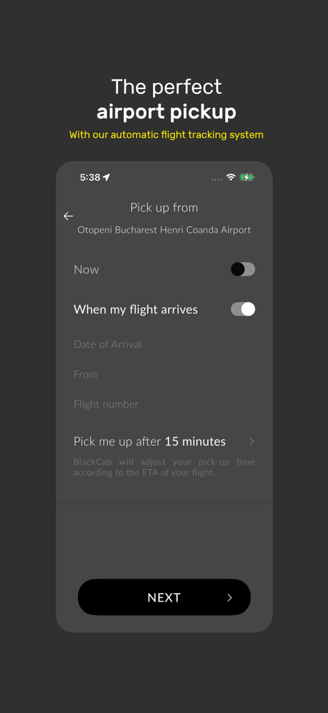 BlackCab - BlackCab app screen for booking airport pickups with flight tracking