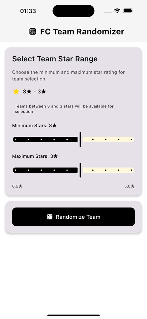 FC 26 Team Randomizer - FC 26 Team Randomizer screen for selecting team star ratings