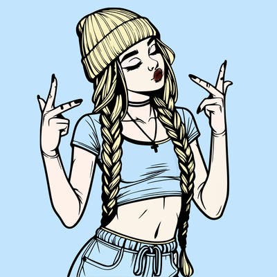 realistic teenage girl with braids and a beanie and crop top doing 🫶🏼