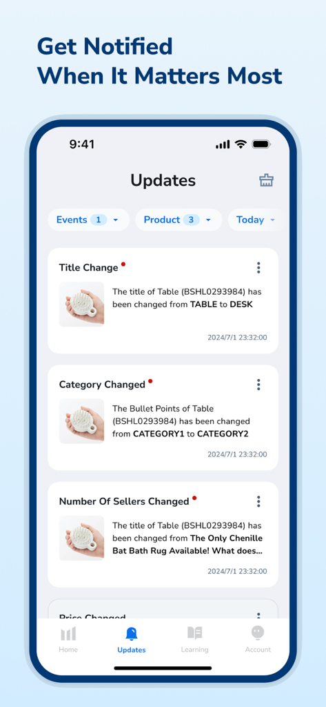 Helium 10 - Pantalla de actualizaciones de la aplicación Helium 10 que muestra alertas de listados de productos de Amazon en tiempo real para vendedores