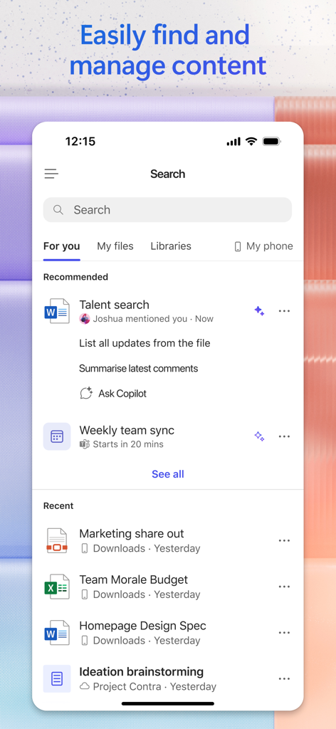 Microsoft 365 Copilot search interface displaying recommended and recent office documents