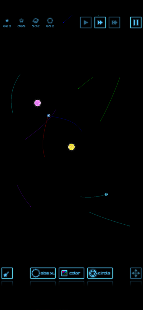 Uma sandbox de física minimalista mostrando planetas com trilhas orbitais coloridas num ambiente de espaço negro.