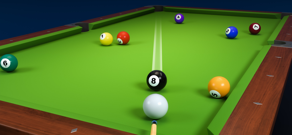 Billiard Legend - Ball Games - 3D pool gameplay in Billiard Legend featuring the analog sight aiming at the black 8 ball