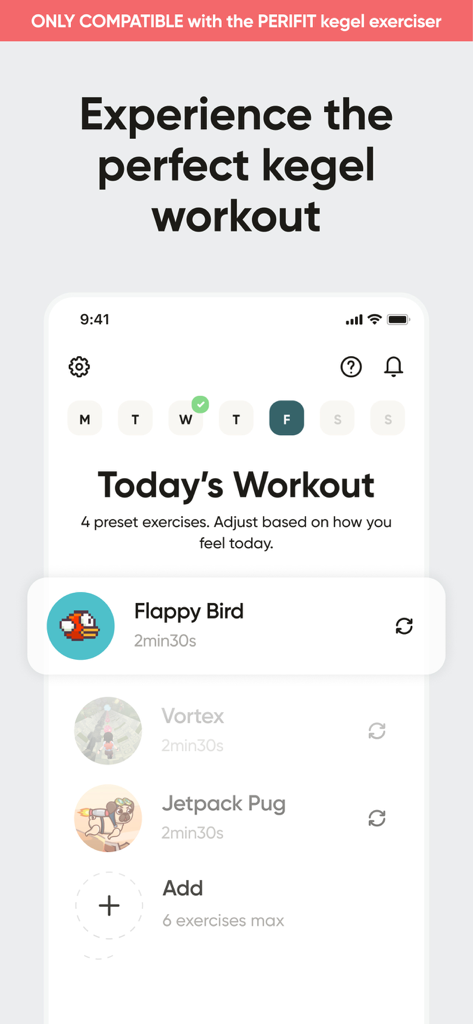 Perifit Care - Una captura de pantalla de la aplicación Perifit Care que muestra un programa diario de entrenamiento de Kegel con opciones de ejercicios gamificados