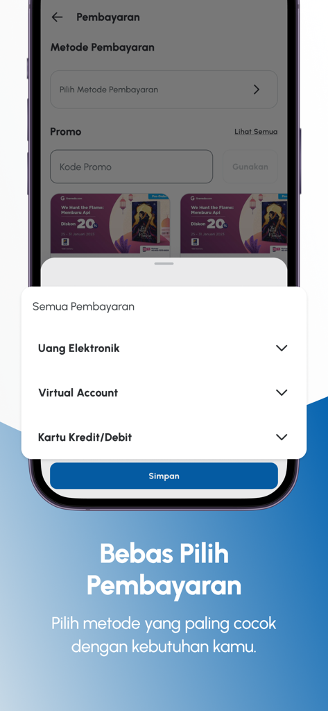 Gramedia mobile app payment method selection screen with options for electronic money virtual accounts and credit cards
