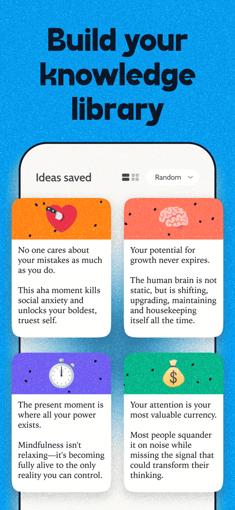 Deepstash app screen showing saved idea cards for personal growth and productivity in a knowledge library.