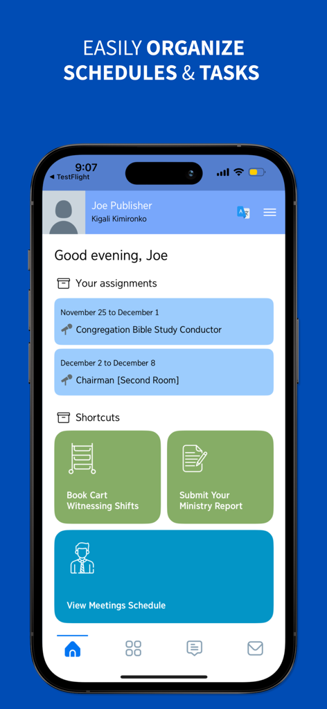 Zeal - Congregation Assistant - Painel do aplicativo Zeal exibindo designações da congregação e atalhos de gerenciamento