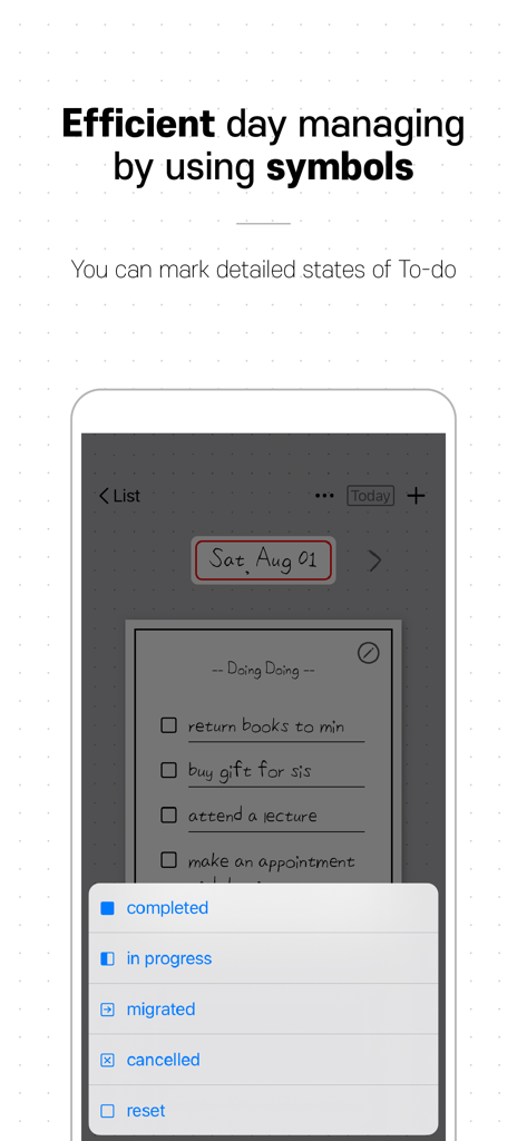 Doing Doing - Doing Doing app interface showing bullet journal task status symbols for task management