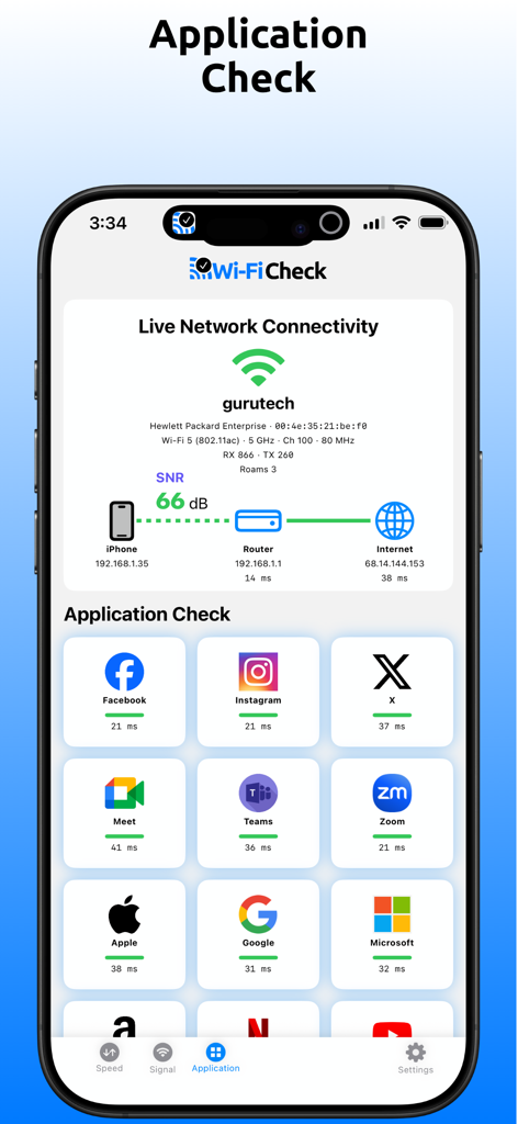 Wi-Fi Check - Speed Test - Wi-Fi Check app interface showing network connectivity status and latency metrics for various cloud applications