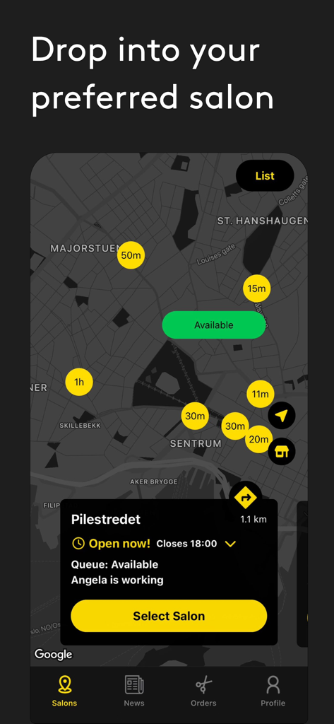 Interface de mapa do aplicativo móvel mostrando os locais dos salões Cutters com tempos de espera em tempo real e disponibilidade