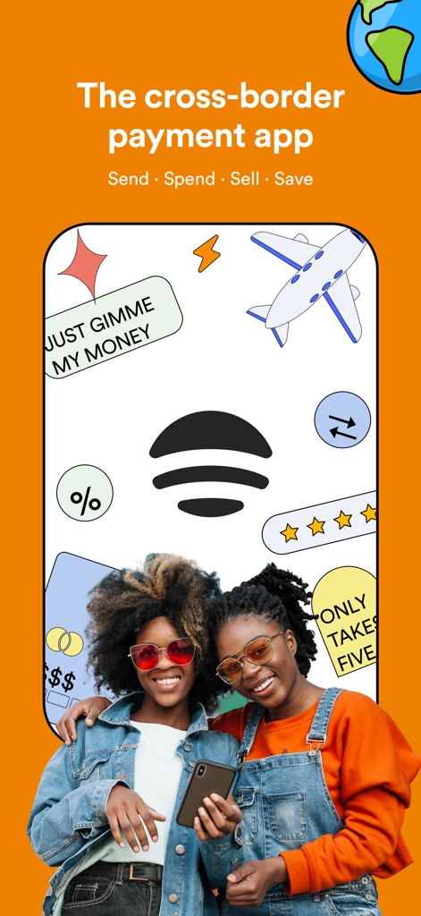 Accrue: Send. Spend. Sell. - Pantalla de la aplicación fintech Accrue que muestra funciones de pago transfronterizo con dos mujeres e iconos financieros