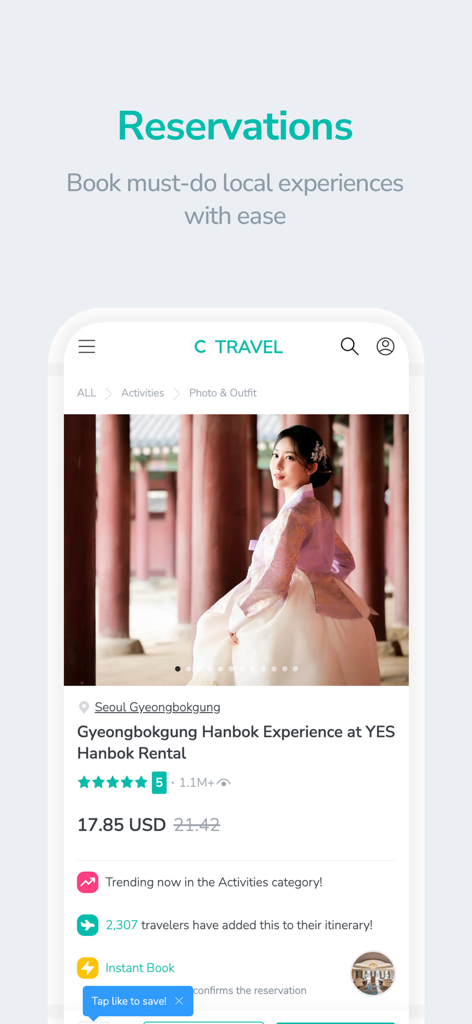 Creatrip: Korea Your Way - 서울 경복궁 한복 대여 예약을 보여주는 크리에이트립 모바일 앱 화면입니다.