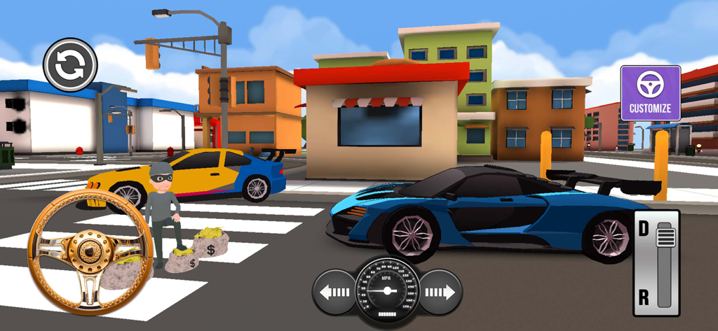 Vehicle Pro Speed Master Champ - A blue sports car and driving controls in a city environment from the Vehicle Pro Speed Master Champ mobile game.