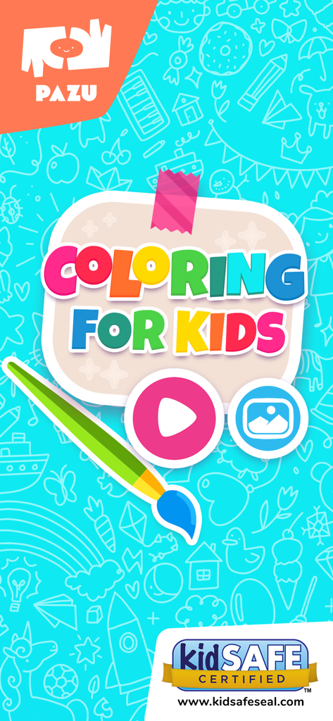 Coloring games - for toddlers - Pazuの「お絵かきゲーム」アプリのメインメニュー、プレイボタンとkidSAFEシールが表示されている