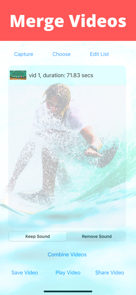 Stitch Videos - Stitch Videos app interface showing video merging features with a surfing clip preview.