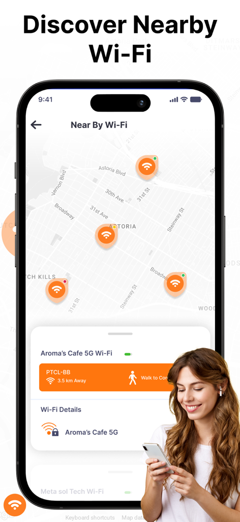 Camera Detector:Speed Tracker - Interfaz de la aplicación móvil que muestra redes Wi-Fi cercanas en un mapa de navegación