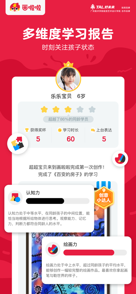 A detailed child learning progress report from the Hualala Art Class app showing skill evaluations and class statistics