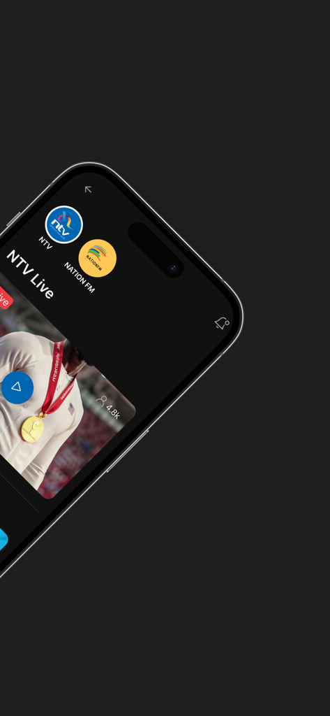 Panel de la aplicación NTV Kenya que muestra canales de televisión y radio en vivo