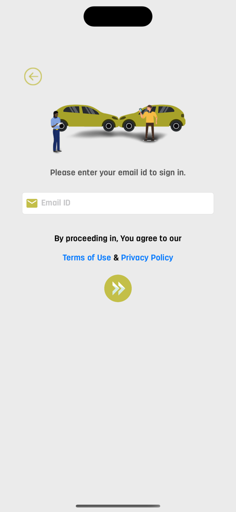 Bima Yangu - Sign in screen of Bima Yangu insurance app with email field and car accident graphic