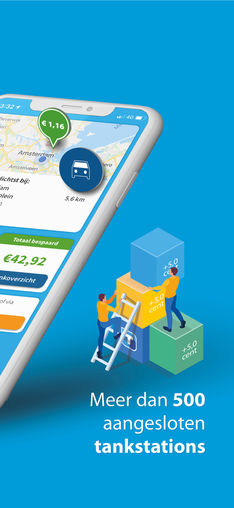 Tankey - Goedkoop tanken - Tankey app interface showing a map with fuel prices and an illustration of people stacking fuel discount blocks