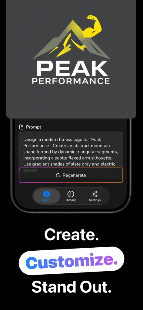 AI Logo Generator - LogoLab - Smartphone screen showing an AI generated fitness logo for Peak Performance with a custom text prompt