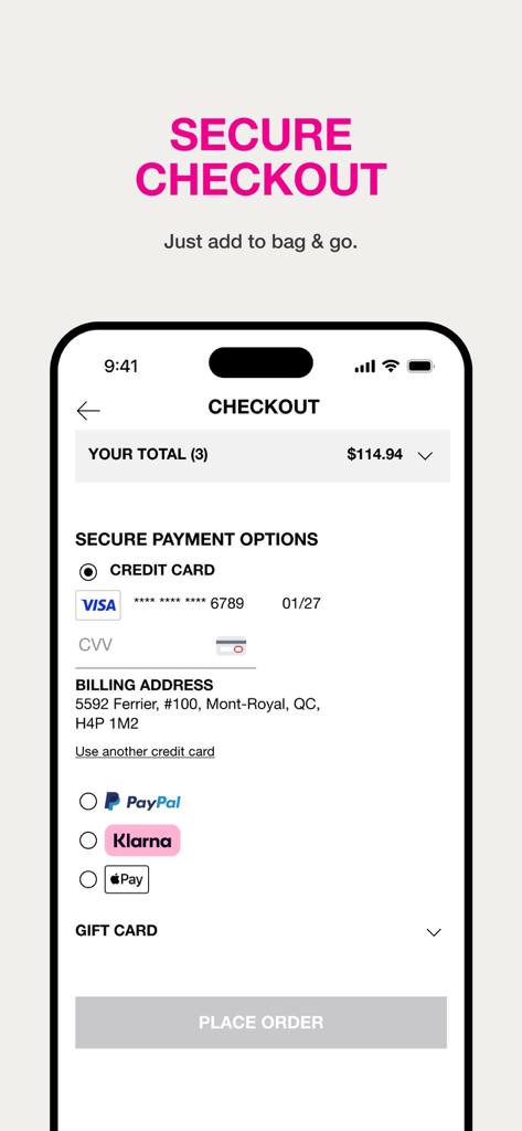Garage: Online Fashion - Secure checkout screen in the Garage app showing multiple payment methods like PayPal and Klarna