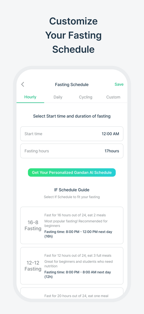 SimFast: Fasting Tracker - Pantalla de personalización del horario de ayuno intermitente en la aplicación SimFast que muestra planificación por horas y recomendaciones de IA.