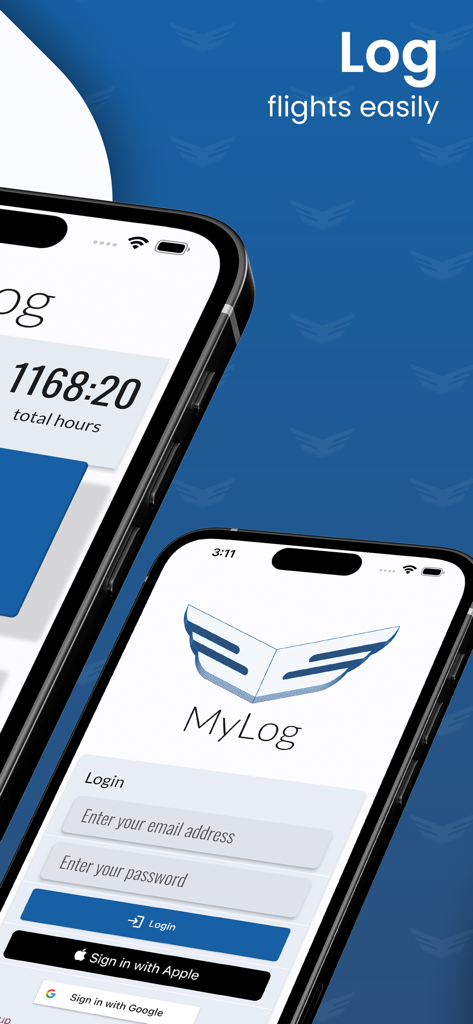 MyLog | Digital Pilot Logbook - MyLogデジタルパイロットログブックのログイン画面と総飛行時間表示